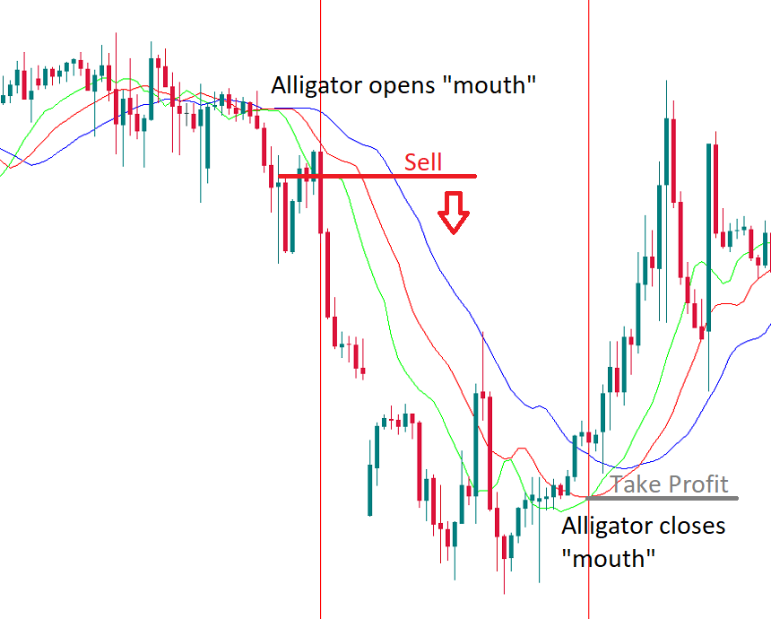 Alligator opens and closes mouth candlestick chart